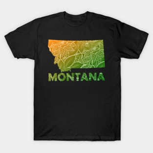 Colorful mandala art map of Montana with text in green and orange T-Shirt